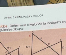 Unidad 5 / SEMEJANZA Y SÓLDOS
cicios  Determinar el valor de la incógnita en
guientes díbujos: