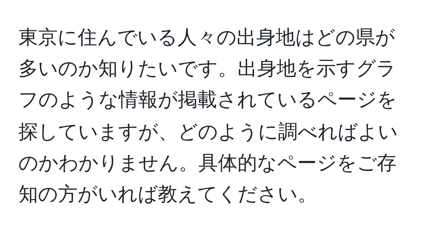 東京に住んでいる人々の出身地はどの県が多いのか知りたいです。出身地を示すグラフのような情報が掲載されているページを探していますが、どのように調べればよいのかわかりません。具体的なページをご存知の方がいれば教えてください。