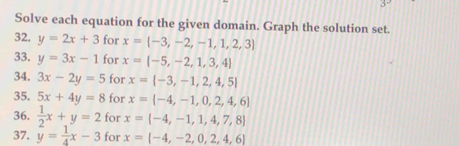 3°
Solve each equation for the given domain. Graph the solution set. 
32. y=2x+3 for x= -3,-2,-1,1,2,3
33. y=3x-1 for x= -5,-2,1,3,4
34. 3x-2y=5 for x= -3,-1,2,4,5
35. 5x+4y=8 for x= -4,-1,0,2,4,6
36.  1/2 x+y=2 for x= -4,-1,1,4,7,8
37. y= 1/4 x-3 for x= -4,-2,0,2,4,6