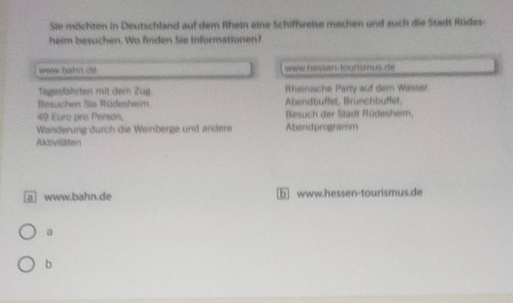 Sie möchten in Deutschland auf dem fihein eine Schiffsreise machen und auch die Stadt Rüdes- 
heim besuchen. Wo finden Sie Informationen? 
wow bahn do www hen touränos de 
Tagesdahrten mit dem Zug. Rheinische Party auf dem Wasser 
Besuchen Sie Rüdesheim Abendbuffet, Brunchbuffet,
49 Euro pro Person, Besuch der Stadt Rüdesheim, 
Wanderung durch die Weinberge und andere Abendprogramm 
Aktivitäten 
a www.bahn.de b www.hessen-tourismus.de 
a 
b