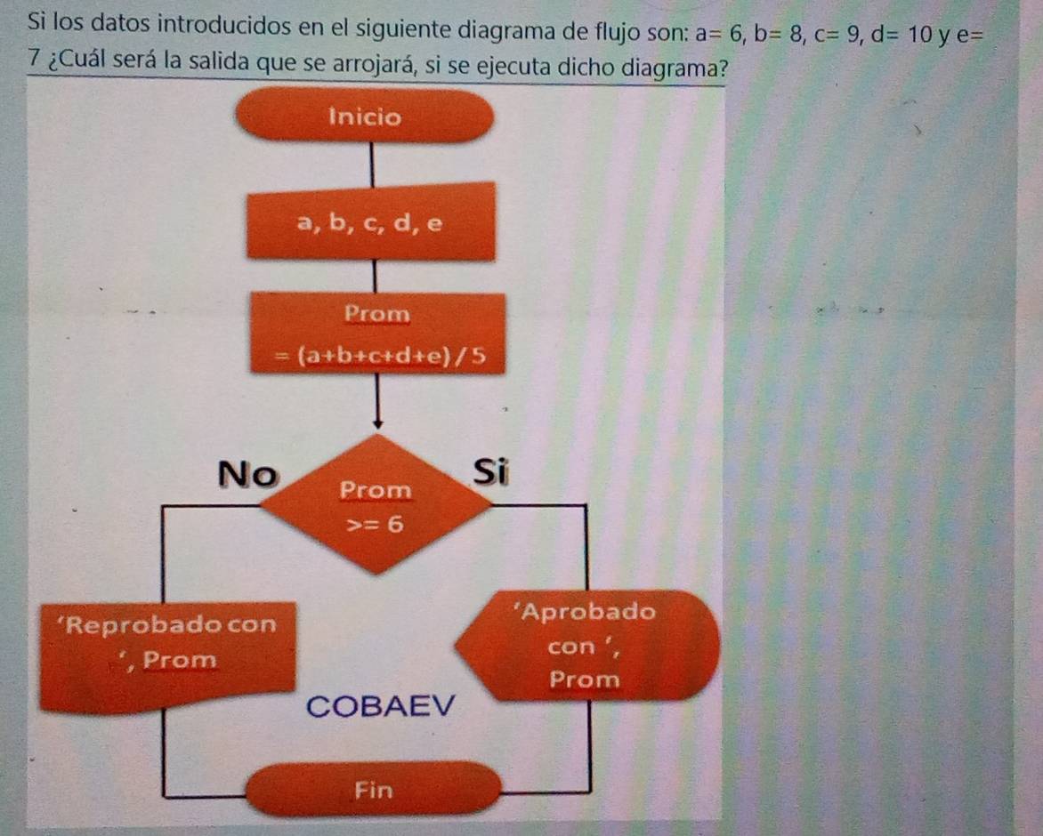 Si los datos introducidos en el siguiente diagrama de flujo son: a=6,b=8,c=9,d=10 y e=
7 ¿Cuál será la salida que se arrojará,