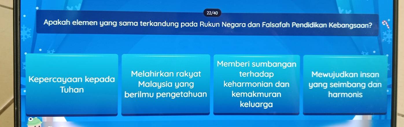 22/40
Apakah elemen yang sama terkandung pada Rukun Negara dan Falsafah Pendidikan Kebangsaan? a
Memberi sumbangan
Melahirkan rakyat terhadap Mewujudkan insan
Kepercayaan kepada Malaysia yang keharmonian dan yang seimbang dan
Tuhan
berilmu pengetahuan kemakmuran harmonis
kelvarga