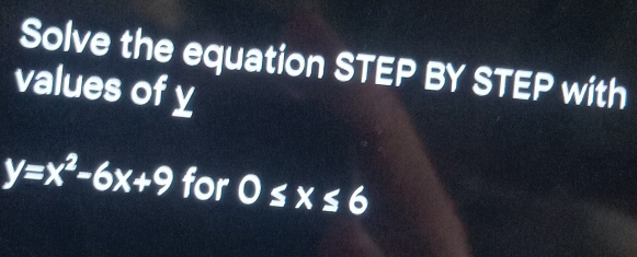 Solve the equation STEP BY STEP with 
values of y
y=x^2-6x+9 for 0≤ x≤ 6