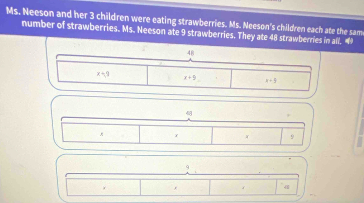 Ms. Neeson and her 3 children were eating strawberries. Ms. Neeson's children each ate the sam 
number of strawberries. Ms. Neeson ate 9 strawberries. They ate 48 strawberries in all. ◢
48
x+9
x+9
x+9
48
x
x
x 9
9
x
x
x 48