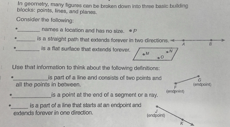 In geometry, many figures can be broken down into three basic building 
blocks: points, lines, and planes. 
Consider the following: 
_names a location and has no size. 。 P 
_is a straight path that extends forever in two direction 
_is a flat surface that extends foreve 
Use that information to think about the following definitions: 
_is part of a line and consists of two points and 
all the points in between. 
(endpoint) 
_is a point at the end of a segment or a ray. 
_is a part of a line that starts at an endpoint and 
extends forever in one direction.