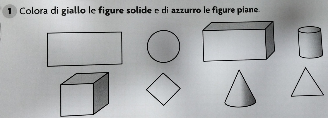 Colora di giallo le figure solide e di azzurro le figure piane.