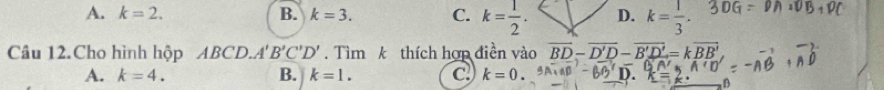 A. k=2. B. k=3. C. k= 1/2 . D. k= 1/3 . 
Câu 12.Cho hình hộp ABCD. A'B'C'D'. Tìm k thích hợp điền vào overline BD-overline D'D-overline B'D'=koverline BB'
A. k=4. B. k=1. C k=0.