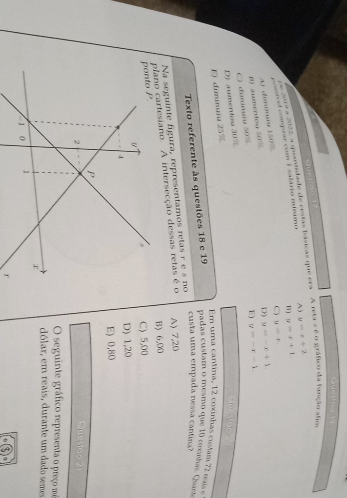 Questao 17
e 2019 a 2022, a quantidade de cestas básicas que era A reta s é o gráfico da função afim
^) y=x+2.
B) y=x+1. 
possivel comprar com 1 salário mínimo
C y=x.
A) diminuiu 150%
D) y=-x+1.
B) aumentou 50%.
E) y=-x-1.
C) diminuiu 50%.
D) aumentou 30%.
Questão 20
E) diminuiu 25%.
Em uma cantina, 12 coxinhas custam 72 reais e
Texto referente às questões 18 e 19 padas custam o mesmo que 10 coxinhas. Quant
custa uma empada nessa cantina?
Na seguinte figura, representamos retas r e s no
plano cartesiano. A intersecção dessas retas é o A) 7,20
B) 6,00
C) 5,00
D) 1,20
E) 0,80
Questao 2 1
O seguinte gráfico representa o preço mé
dólar, em reais, durante um dado semes
T
o