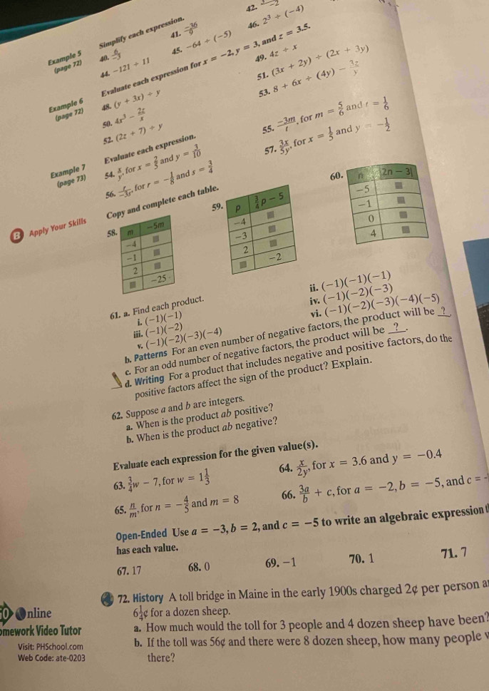 2
41.  (-36)/9  46. 2^3/ (-4)
Example 5 Simplify each expression
(page 72)  6/-3  45. -64/ (-5) and z=3.5.
40.
44. -121+11
51. 8+6x/ (4y)- 3z/y 
Example 6 Evaluate each expression for x=-2,y=3,
49. 4z/ x (3x+2y)+(2x+3y)
53.
48. 4x^3- 2x/x  m= 5/6  and t= 1/6 
(page 72) (y+3x)/ y
50. (2z+7)+y y=- 1/2 
55.  (-3m)/t  for
57.  3x/5y  , for x= 1/5  and
52.
Example 7 Evaluate each expression.
(page 73) 54,  x/y . x= 2/5  and y= 3/10 
, for
56,  r/-3r  r=- 1/8  and s= 3/4 
6
, for
5 
B Apply Your Skills Cd complete each table
 
5
 
ii. (-1)(-1)(-1)
61. a. Find each product.
iv. (-1)(-2)(-3) (-1)(-2)(-3)(-4)(-5) 1
i. (-1)(-1)
vi.
b. Pa humber of negative factors, the product will be
iii. (-1)(-2) (-1)(-2)(-3)(-4)
v.
c. For an odd number of negative factors, the product will be __?_.
d. Writing For a product that includes negative and positive factors, do the
positive factors affect the sign of the product? Explain.
62. Suppose a and b are integers.
a. When is the product ab positive?
b. When is the product ab negative?
Evaluate each expression for the given value(s).
63.  3/4 w-7, orw=1 1/3  64.  x/2y  , for x=3.6 and y=-0.4
66.
65  n/m ,forn=- 4/5  and m=8  3a/b +c , for a=-2,b=-5 , and
c=-
Open-Ended Use a=-3,b=2 , and c=-5 to write an algebraic expression t
has each value.
67. 17 68.0 69. -1 70.1 71.7
④ 72. History A toll bridge in Maine in the early 1900s charged 2¢ per person a
Online 64¢ for a dozen sheep.
mework Video Tutor a. How much would the toll for 3 people and 4 dozen sheep have been?
Visit: PHSchool.com b. If the toll was 56¢ and there were 8 dozen sheep, how many people v
Web Code: ate-0203 there?