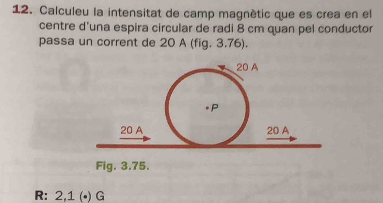 Calculeu la intensitat de camp magnètic que es crea en el 
centre d'una espira circular de radi 8 cm quan pel conductor 
passa un corrent de 20 A (fig. 3.76). 
Fig. 3.75. 
R: 2,1 (•) G