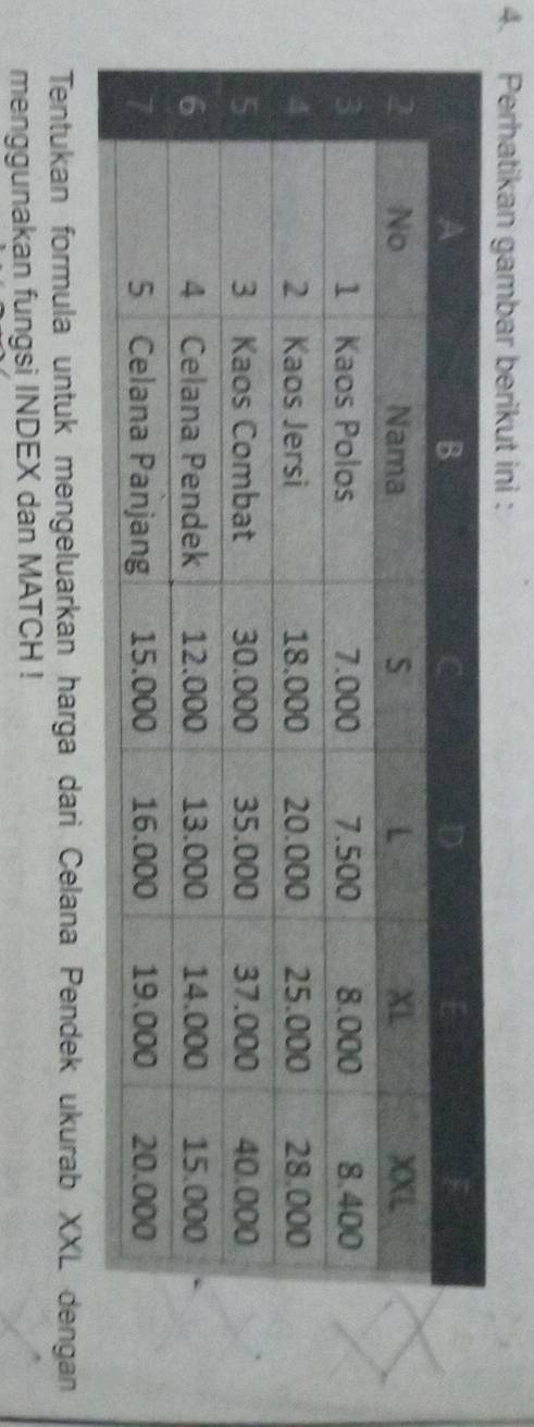 Perhatikan gambar berikut ini : 
Tentukan formula untuk mengeluarkan harga dari Celana Pendek ukurab XXL dengan 
menggunakan fungsi INDEX dan MATCH !