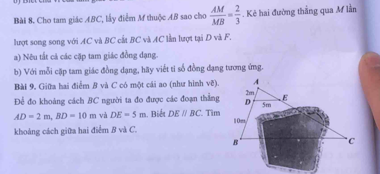 Cho tam giác ABC, lấy điểm M thuộc AB sao cho  AM/MB = 2/3 . Kẻ hai đường thẳng qua M lần 
lượt song song với AC và BC cắt BC và AC lần lượt tại D và F. 
a) Nêu tất cả các cặp tam giác đồng dạng. 
b) Với mỗi cặp tam giác đồng dạng, hãy viết tỉ số đồng dạng tương ứng. 
Bài 9. Giữa hai điểm B và C có một cái ao (như hình vẽ). 
Để đo khoảng cách BC người ta đo được các đoạn thẳng
AD=2m, BD=10m và DE=5m. Biết DE//BC ' Tìm 
khoảng cách giữa hai điểm B và C.