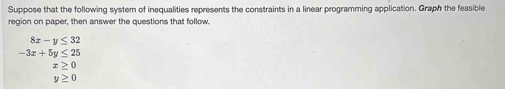 Suppose that the following system of inequalities represents the constraints in a linear programming application. Graph the feasible 
region on paper, then answer the questions that follow.
8x-y≤ 32
-3x+5y≤ 25
x≥ 0
y≥ 0