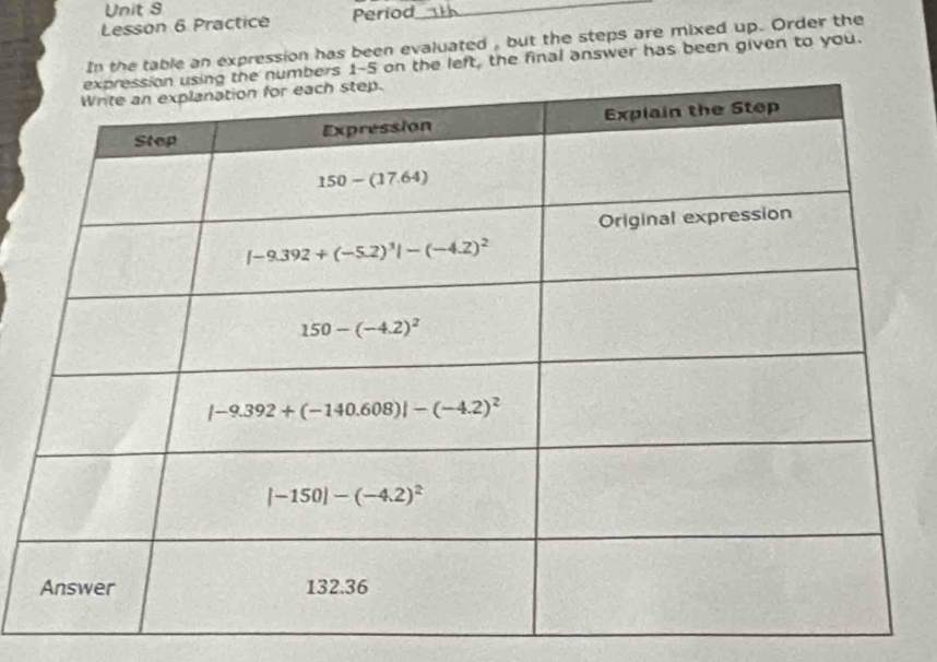 Lesson 6 Practice Period
_
In the table an expression has been evaluated , but the steps are mixed up. Order the
1-5 on the left, the final answer has been given to you.