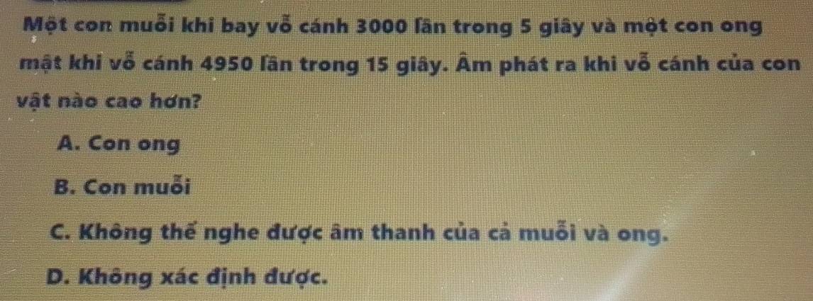 Một con muỗi khi bay vỗ cánh 3000 lần trong 5 giây và một con ong
mật khi vỗ cánh 4950 lần trong 15 giây. Âm phát ra khi vỗ cánh của con
vật nào cao hơn?
A. Con ong
B. Con muỗi
C. Không thế nghe được âm thanh của cả muỗi và ong.
D. Không xác định được.