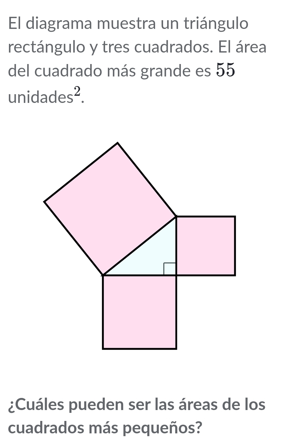 El diagrama muestra un triángulo 
rectángulo y tres cuadrados. El área 
del cuadrado más grande es 55 
ur nidades^2. 
¿Cuáles pueden ser las áreas de los 
cuadrados más pequeños?