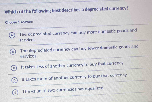 Which of the following best describes a depreciated currency?
Choose 1 answer:
A The depreciated currency can buy more domestic goods and
services
B The depreciated currency can buy fewer domestic goods and
services
It takes less of another currency to buy that currency
It takes more of another currency to buy that currency
The value of two currencies has equalized