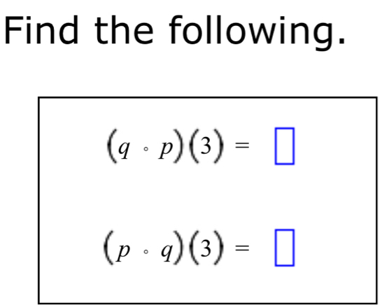 Find the following.
(qcirc p)(3)=□
(pcirc q)(3)=□