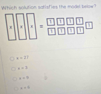 Which solution satisfies the model below?
* * * * * = □ /□   □ /□   □ /□   □ /□   □ /□  □
x=27
x=3
x=9
x=6