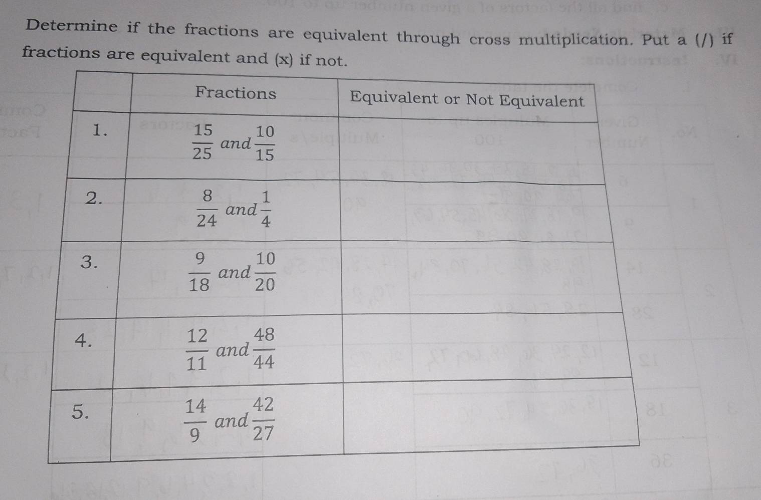 Determine if the fractions are equivalent through cross multiplication. Put a (/) if
fractions are equiv