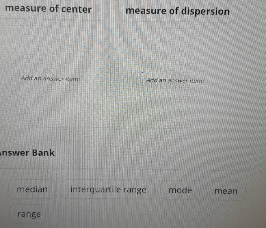 measure of center measure of dispersion
Add an answer item! Add an answer item!
Answer Bank
median interquartile range mode mean
range