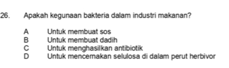 Apakah kegunaan bakteria dalam industri makanan?
A Untuk membuat sos
B Untuk membuat dadih
C Untuk menghasilkan antibiotik
D Untuk mencernakan selulosa di dalam perut herbivor