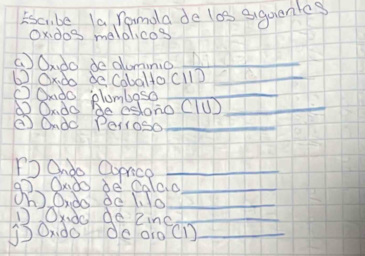 Esci be la, rpmola de las squienicg 
Oxdos melolicos 
aOndo de alomnio_
6 Ox.do de Cobalto Cl1D_ 
_ 
OOKdo plumboso_ 
① Ondo Be eslono Clu)_ 
( Ondo Peroso_ 
P Ondo Oxrice_ 
9o Oxdo de Calao_ 
① Oxdo de lio_ 
_ 
_