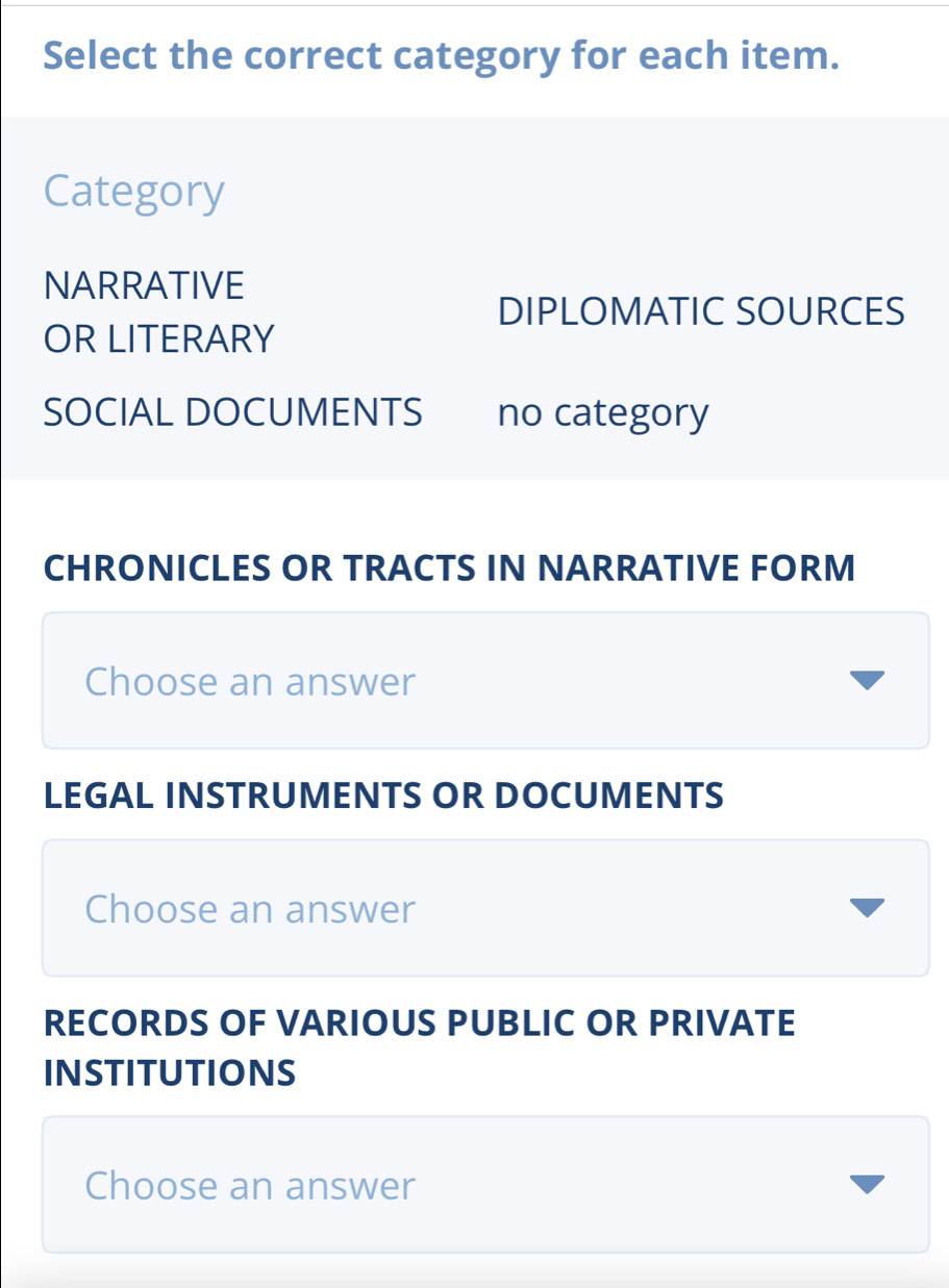 Select the correct category for each item.
Category
NARRATIVE
DIPLOMATIC SOURCES
OR LITERARY
SOCIAL DOCUMENTS no category
CHRONICLES OR TRACTS IN NARRATIVE FORM
Choose an answer
LEGAL INSTRUMENTS OR DOCUMENTS
Choose an answer
RECORDS OF VARIOUS PUBLIC OR PRIVATE
INSTITUTIONS
Choose an answer