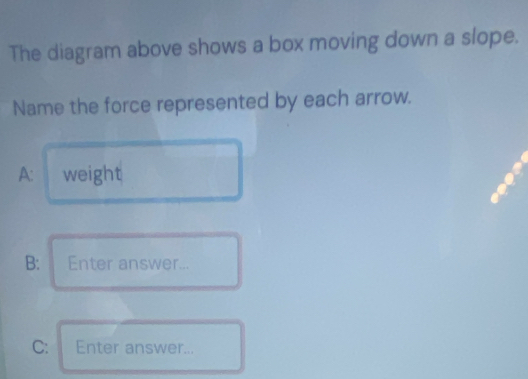 The diagram above shows a box moving down a slope. 
Name the force represented by each arrow. 
A: weight 
B: Enter answer... 
C: Enter answer...