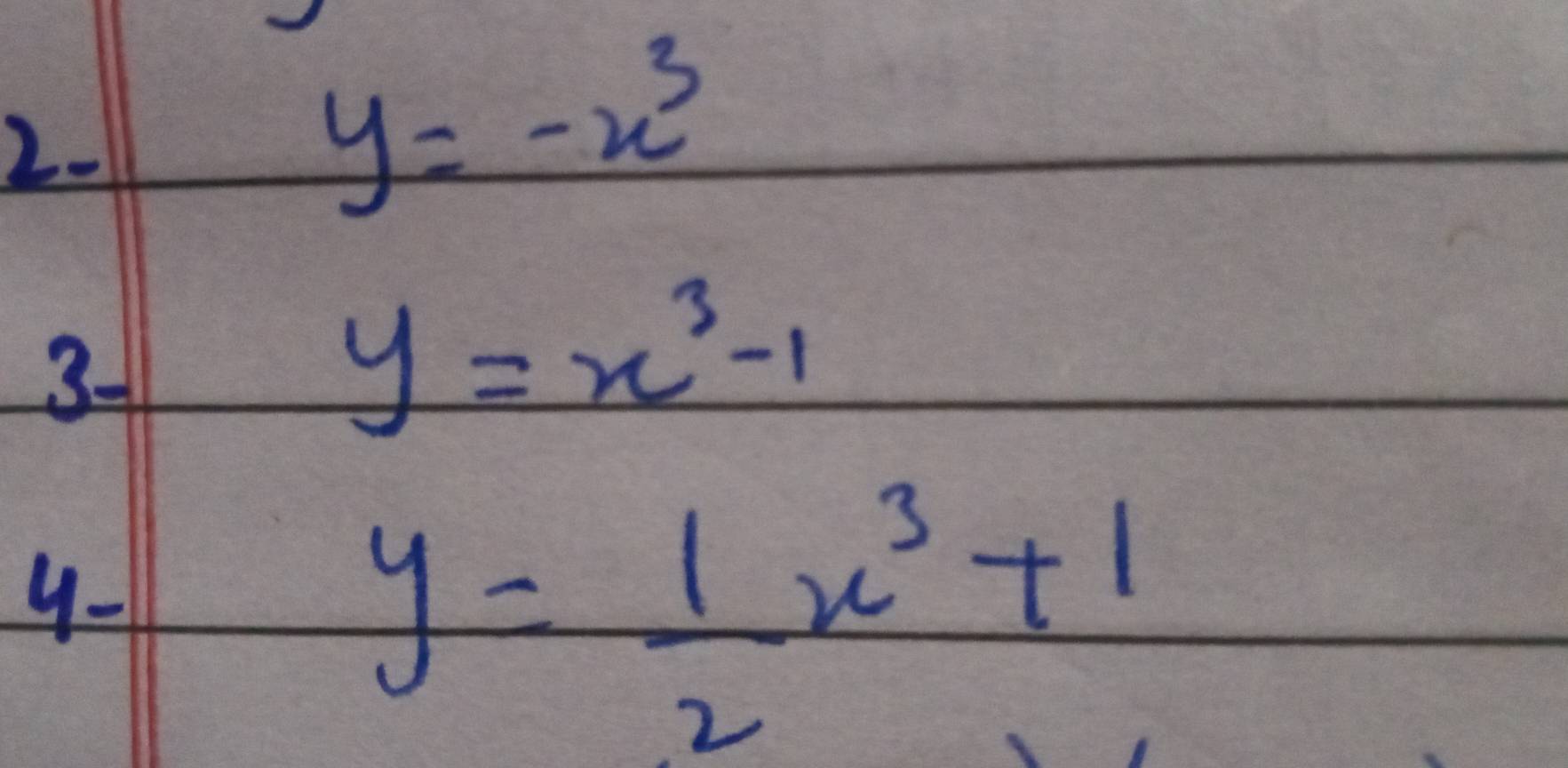 y=-x^3
3-
y=x^3-1
y -
y= 1/2 x^3+1