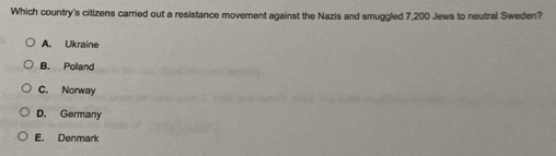 Which country's citizens carried out a resistance movement against the Nazis and smuggled 7,200 Jews to neutral Sweden?
A. Ukraine
B. Poland
C. Norway
D. Germany
E. Denmark