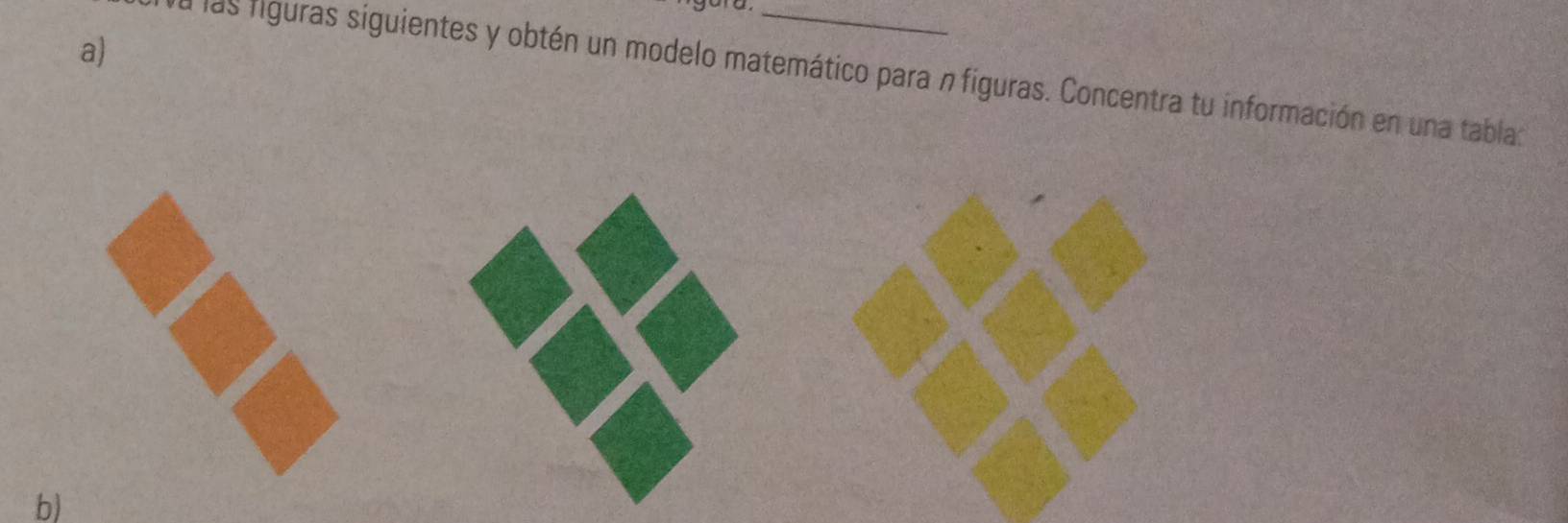 a las figuras siguientes y obtén un modelo matemático para n figuras. Concentra tu información en una tabla: 
b)