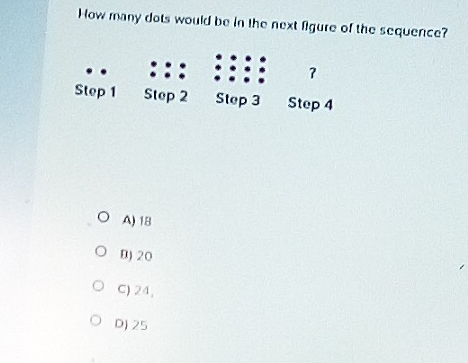 How many dots would be in the next figure of the sequence?
A) 18
D) 20
C) 24,
D) 25