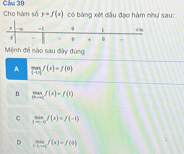 Cho hàm số y=f(x) có bàng xét dấu đạo hàm như sau:
Mệnh đề nào sau đây đúng
A .beginarrayr max (-1;1](x)=f(0)
B limlimits _(0;+∈fty )f(x)=f(1)
C limlimits _(-∈fty ;-1)f(x)=f(-1)
D limlimits _(-1;+∈fty )f(x)=f(0)