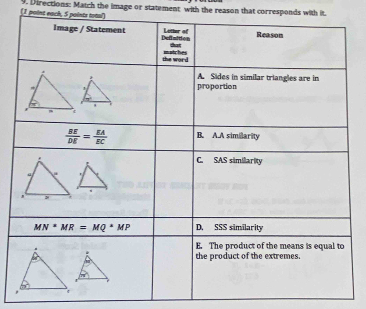 Directions: Match the image or statement with the reason that corresponds with it.
(1 point each, 5 points