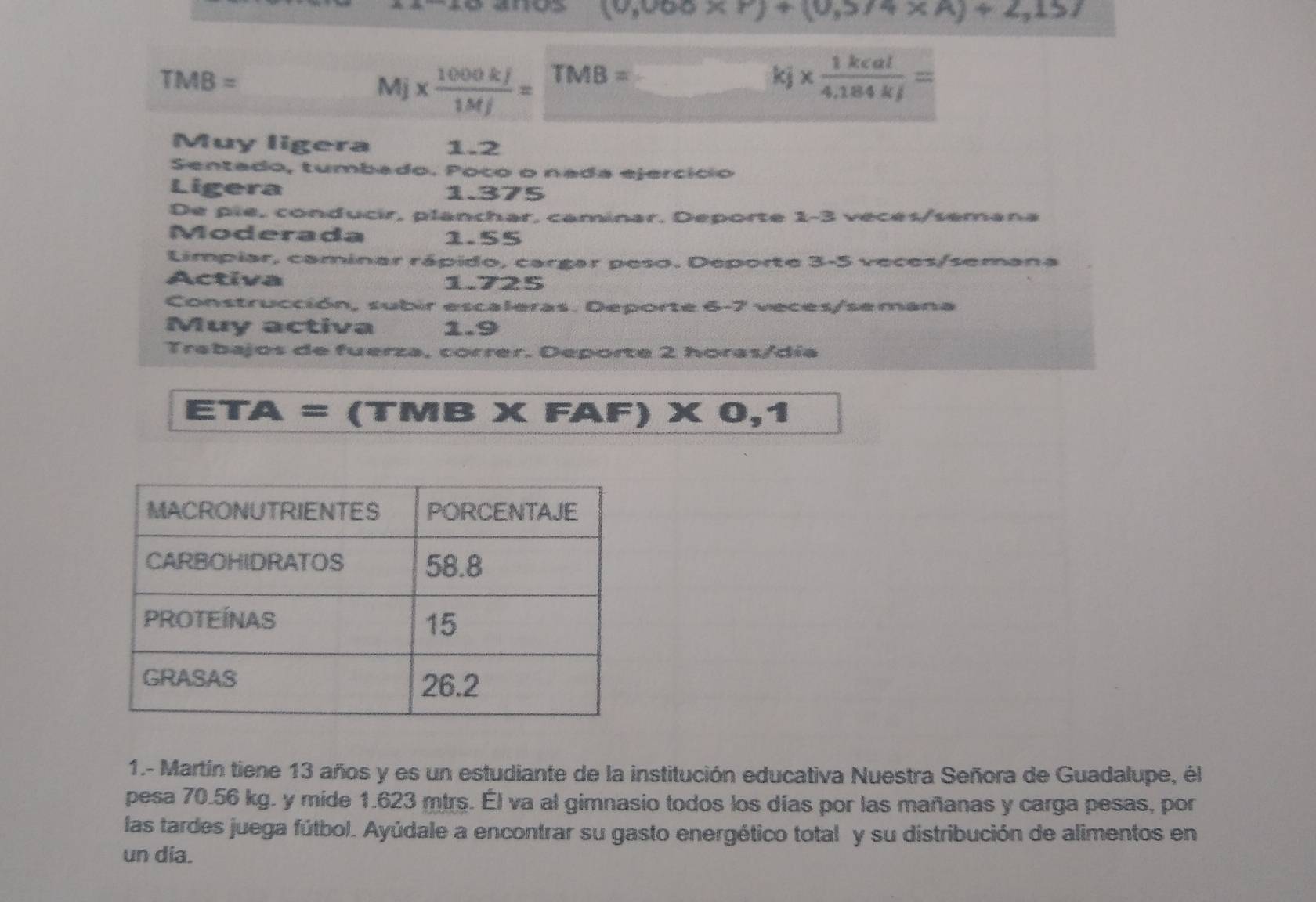 aros (0,000* P)+(0,5/4* A)+2,15J
TMB=
Mj *  1000kJ/1MJ = TMB=
kj *  1kcal/4,184kj =
Muy ligera 1.2
Sentado, tumbado. Poco o nada ejercício 
Ligera 1.375
De pie, conducir, planchar, caminar. Deporte 1-3 veces/semana 
Moderada 1.55
Limpiar, caminar rápido, cargar peso. Deporte 3-5 veces/semana 
Activa 1.725
Construcción, subir escaleras. Deporte 6-7 veces/semana 
Muy activa 1.9
Trabajos de fuerza, correr. Deporte 2 horas/día 
ETA = (TMB X FAF) X -1
1.- Martín tiene 13 años y es un estudiante de la institución educativa Nuestra Señora de Guadalupe, él 
pesa 70.56 kg. y mide 1.623 mtrs. Él va al gimnasio todos los días por las mañanas y carga pesas, por 
las tardes juega fútbol. Ayúdale a encontrar su gasto energético total y su distribución de alimentos en 
un dia.