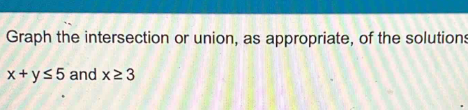 Graph the intersection or union, as appropriate, of the solutions
x+y≤ 5 and x≥ 3