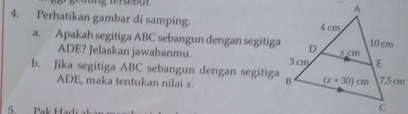 geaung tersebu 
4. Perhatikan gambar di samping.
a. Apakah segitiga ABC sebangun dengan segitiga
ADE? Jelaskan jawabanmu. 
b. Jika segitiga ABC sebangun dengan segitiga
ADE, maka tentukan nilai x.
5.   Pak Ha