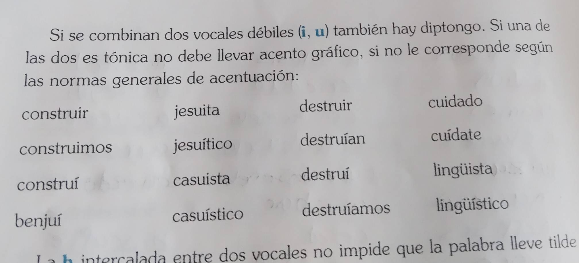 Si se combinan dos vocales débiles (i,u) también hay diptongo. Si una de
las dos es tónica no debe llevar acento gráfico, si no le corresponde según
las normas generales de acentuación:
destruir
construir jesuita cuidado
construimos jesuítico
destruían cuídate
destruí
construí casuista lingüista
benjuí casuístico
destruíamos lingüístico
La h interçalada entre dos vocales no impide que la palabra lleve tilde