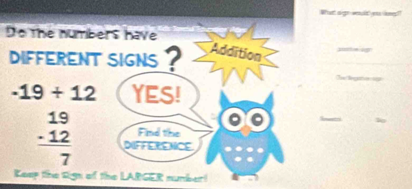 WPtant algn
-19+12 YES! 
Find the
90
beginarrayr 19 -12 hline 7endarray DIFFERENCE 
Keep the sign of the LARGER number!