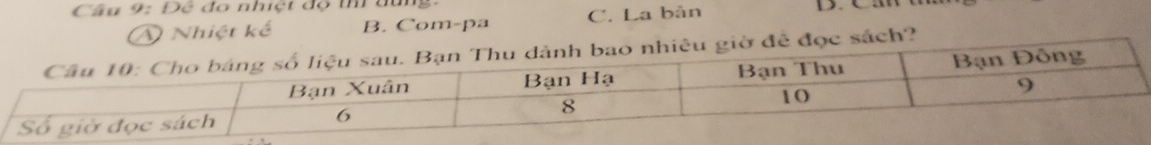 Đê đo nhiệt độ thi tùng
A Nhiệt kế B. Com-pa C. La bàn
sách?