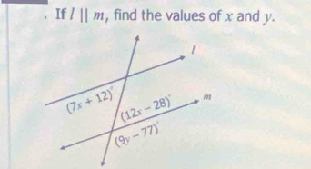 If l||m , find the values of x and y.