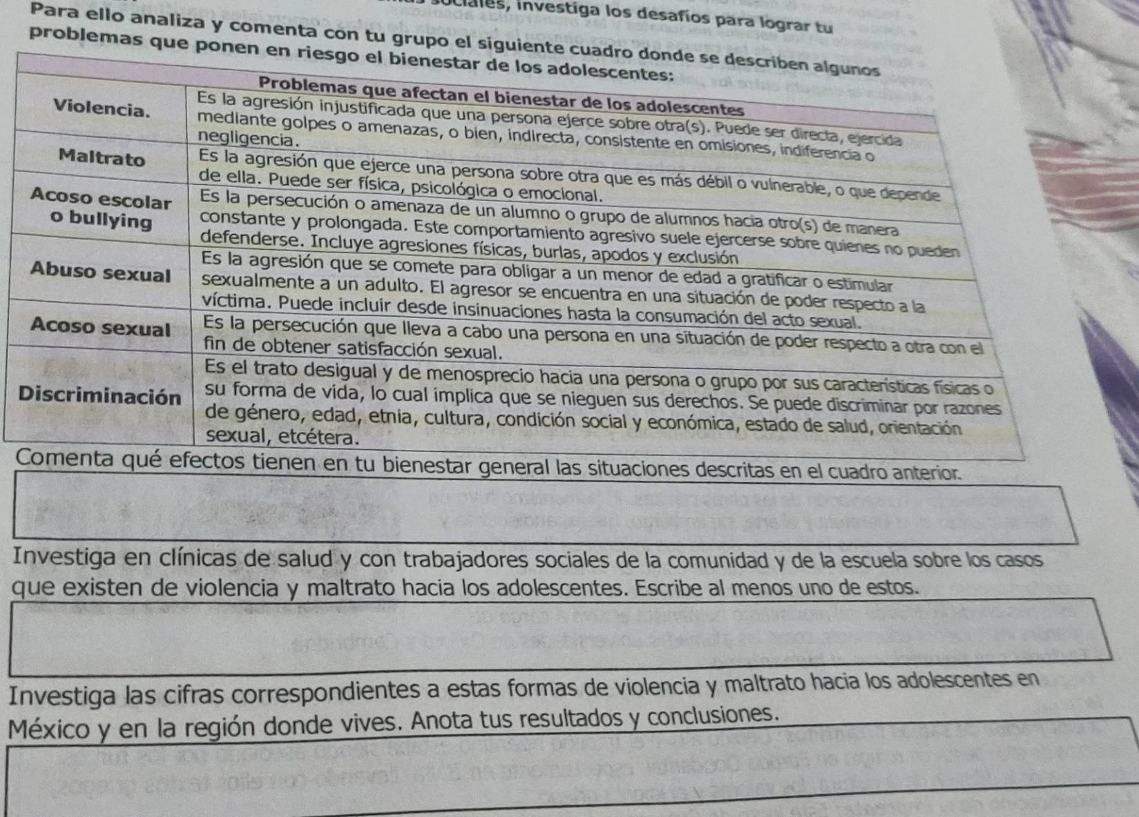 Iclales, investiga los desafíos para lograr tu 
Para ello analiza y comenta con tu grupo el sigui 
problemas que p 
dro anterior. 
Investiga en clínicas de salud y con trabajadores sociales de la comunidad y de la escuela sobre los casos 
que existen de violencia y maltrato hacia los adolescentes. Escribe al menos uno de estos. 
Investiga las cifras correspondientes a estas formas de violencia y maltrato hacia los adolescentes en 
México y en la región donde vives. Anota tus resultados y conclusiones.