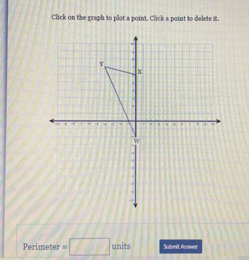 Click on the graph to plot a point. Click a point to delete it.
Perimeter =□ units Submit Answer