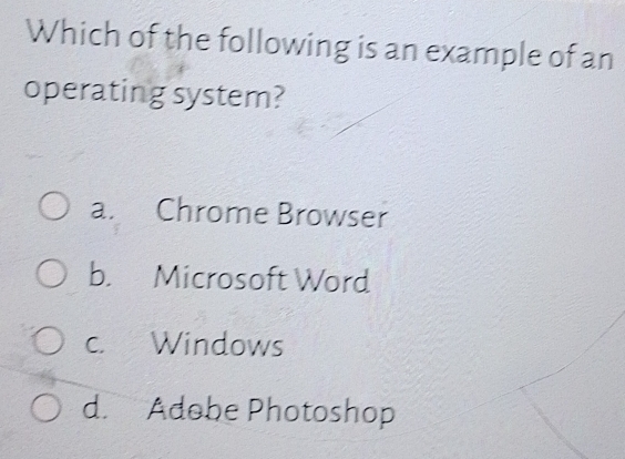 Solved: Which of the following is an example of an operating system? a ...