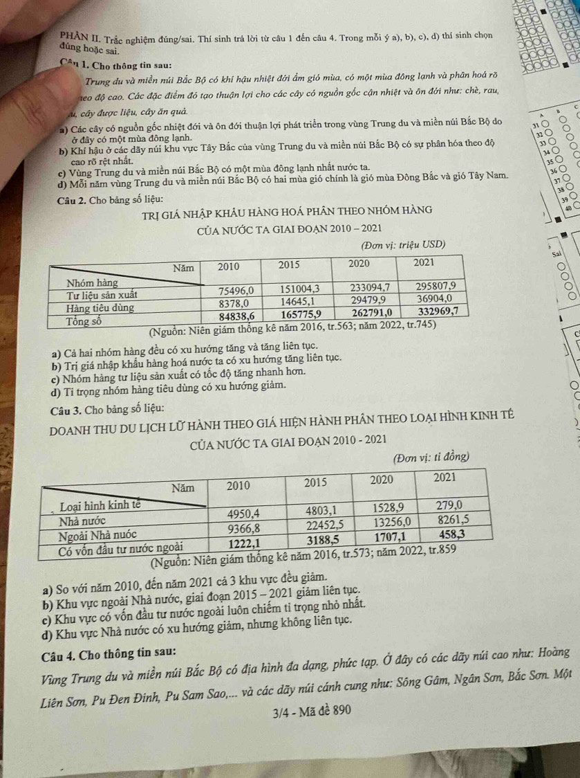 PHẢN II. Trắc nghiệm đúng/sai. Thí sinh trả lời từ câu 1 đến câu 4. Trong mỗi ý a), b), c), d) thí sinh chọn
đúng hoặc sai
Cân 1. Cho thông tin sau:
Trung du và miền núi Bắc Bộ có khí hậu nhiệt đới ẩm gió mùa, có một mùa đông lạnh và phân hoá rõ
aeo độ cao. Các đặc điểm đó tạo thuận lợi cho các cây có nguồn gốc cận nhiệt và ôn đới như: chè, rau,
du, cây được liệu, cây ăn quả
c
~
a) Các cây có nguồn gốc nhiệt đới và ôn đới thuận lợi phát triển trong vùng Trung du và miền núi Bắc Bộ do 31
ở đây có một mùa đông lạnh.
b) Khí hậu ở các dãy núi khu vực Tây Bắc của vùng Trung du và miền núi Bắc Bộ có sự phân hóa theo độ
cao rõ rệt nhất. 34
c) Vùng Trung du và miền núi Bắc Bộ có một mùa đông lạnh nhất nước ta. 15
d) Mỗi năm vùng Trung du và miền núi Bắc Bộ có hai mùa gió chính là gió mùa Đông Bắc và gió Tây Nam.
   
Câu 2. Cho bảng số liệu:
TRị gIá nhập khÂU HÀNG HOÁ phÂN THEO NHÓM hÀNg
CủA NƯỚC TA GIAI ĐOẠN 2010 - 2021
(Đơn vị: triệu USD)
(Nguồn: Niên giám thống
a) Cả hai nhóm hàng đều có xu hướng tăng và tăng liên tục.
b) Trị giá nhập khẩu hàng hoá nước ta có xu hướng tăng liên tục.
c) Nhóm hàng tư liệu sản xuất có tốc độ tăng nhanh hơn.
d) Ti trọng nhóm hàng tiêu dùng có xu hướng giảm.
Câu 3. Cho bảng số liệu:
DOANH THU DU LỊCH Lữ HÀNH THEO GIÁ HIệN HÀNH PHÂN THEO LOẠI HÌNH KINH tÊ
CÚA NƯỚC TA GIAI ĐOẠN 2010 - 2021
(Đơn vị: ti đồng)
(Ngu
a) So với năm 2010, đến năm 2021 cả 3 khu vực đều giảm.
b) Khu vực ngoài Nhà nước, giai đoạn 2015 - 2021 giảm liên tục.
c) Khu vực có vốn đầu tư nước ngoài luôn chiếm tỉ trọng nhỏ nhất.
d) Khu vực Nhà nước có xu hướng giảm, nhưng không liên tục.
Câu 4. Cho thông tin sau:
Vùng Trung du và miền núi Bắc Bộ có địa hình đa dạng, phức tạp. Ở đây có các dãy núi cao như: Hoàng
Liên Sơn, Pu Đen Đinh, Pu Sam Sao,... và các dãy núi cánh cung như: Sông Gâm, Ngân Sơn, Bắc Sơn. Một
3/4 - Mã đề 890