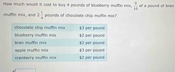 How much would it cost to buy 4 pounds of blueberry muffin mix,  9/10  of a pound of bran 
muffin mix, and 2 1/4  pounds of chocolate chip muffin mix?