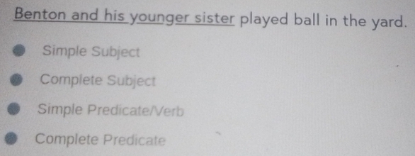 Benton and his younger sister played ball in the yard.
Simple Subject
Complete Subject
Simple Predicate/Verb
Complete Predicate