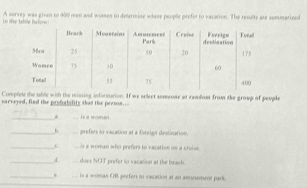 A survey was given to 400 men and women to determine where people prefer to vacation. The results are summarized 
in the table below; 
Complete the table with the missing information. If we select someone at random from the group of people 
surveyed, find the probability that the person... 
___ is a woman. 
_b. ... prefers to vacation at a foreign destination. 
_... is a woman who prefers to vacation on a sruise 
_d. .. does NOT prefer to vacation at the beash. 
_... is a woman OR prefers to vacation at an amusement park.