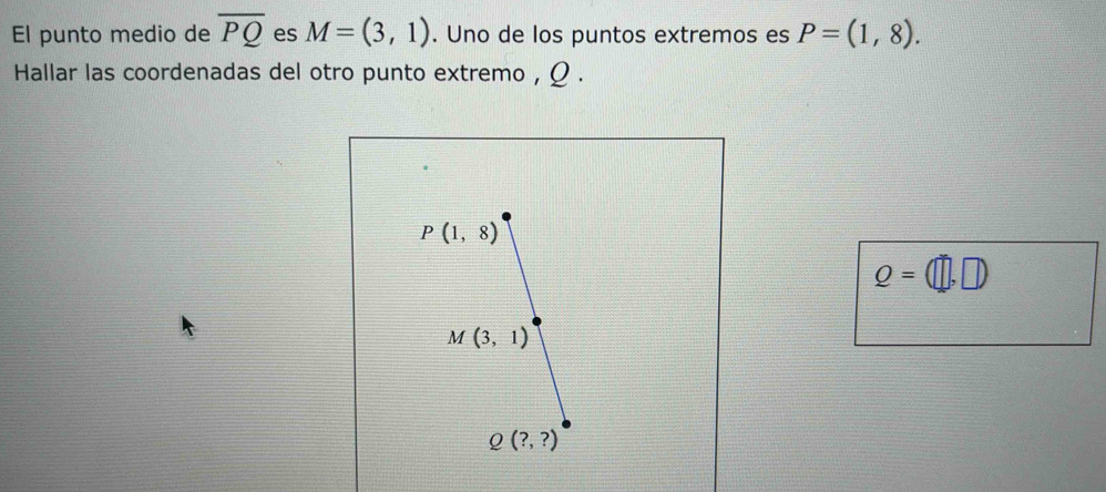 El punto medio de overline PQ es M=(3,1). Uno de los puntos extremos es P=(1,8).
Hallar las coordenadas del otro punto extremo , Ω .
Q=(□ ,□ )